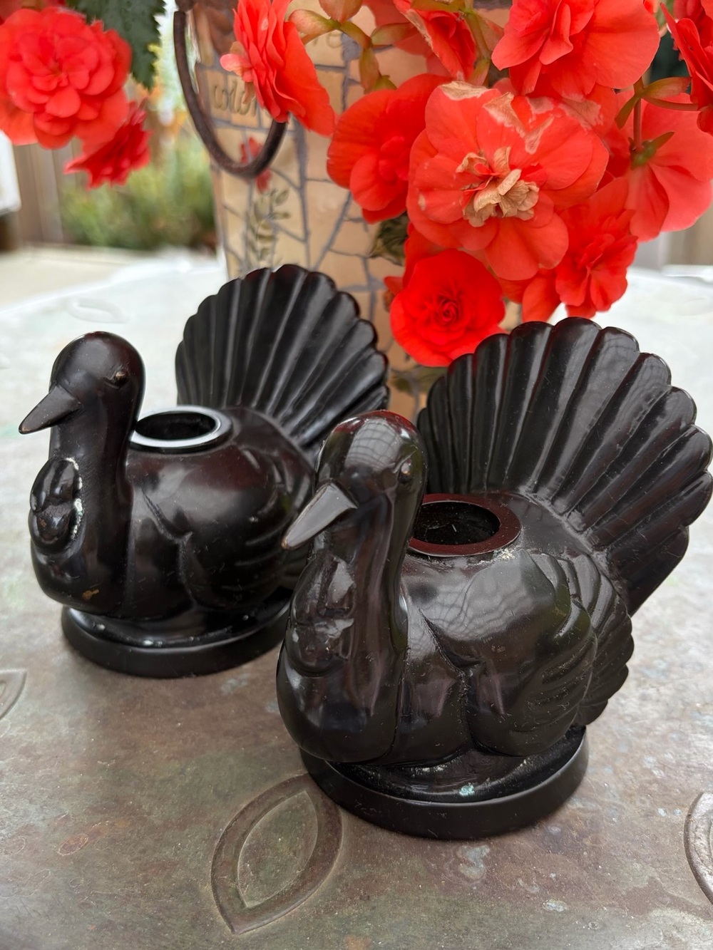 Pair Pottery Barn Black Bronze Turkey Taper Candle Holders Fall Thanksgiving